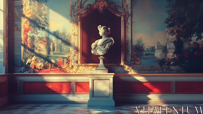 Marble bust in ornate gallery illuminated by angled sunlight