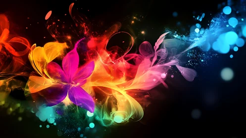 Digital abstract floral form with multicolor light trails.