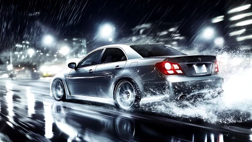 Midnight sedan carves liquid neon through the rain-slick city