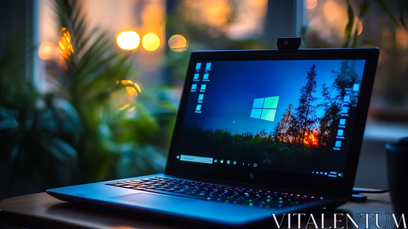Windows laptop on desk with evening city bokeh lighting.