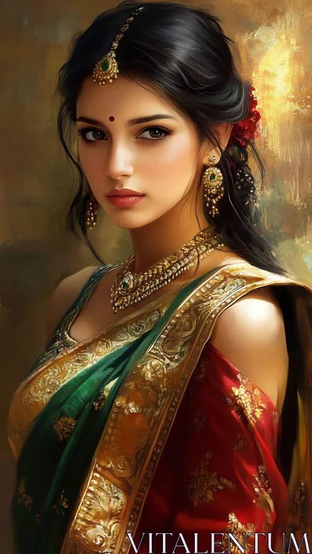 Elegant woman in ornate sari with gold and emerald jewelry.