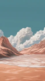 Desert canyon basin under towering cumulus clouds at noon.