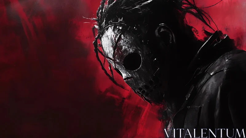 Masked figure sinks into red shadowed horror backdrop.