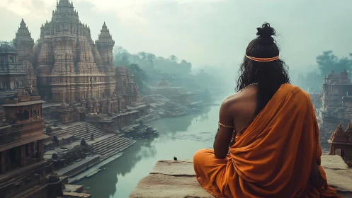 Serene sage in orange robes overlooking misty river temples.