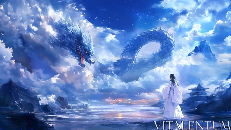 Sky dragon and robed figure over reflective seascape.