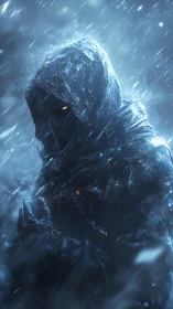Hooded ice-wreathed sentinel in blizzard, cinematic backlight.