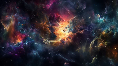 Cosmic nebula erupts in vibrant interstellar color storm.