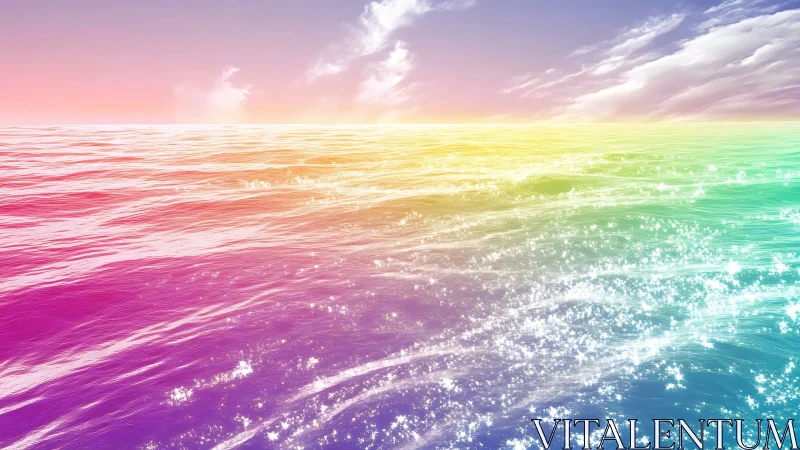 Prismatic ocean horizon under radiant pastel skyscape.