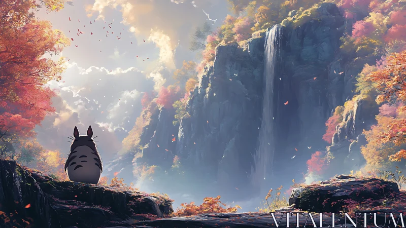 Forest creature observing misty waterfall valley scene.