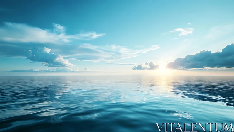 Calm ocean horizon under luminous sunrise and soft clouds.