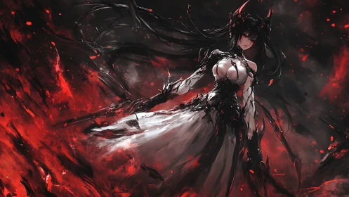 Dark horned anime sorceress emerges amid red infernal vortex