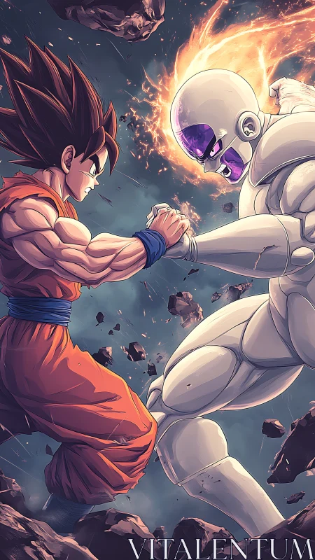 High-energy anime clash with dynamic lighting and fragmented debris field