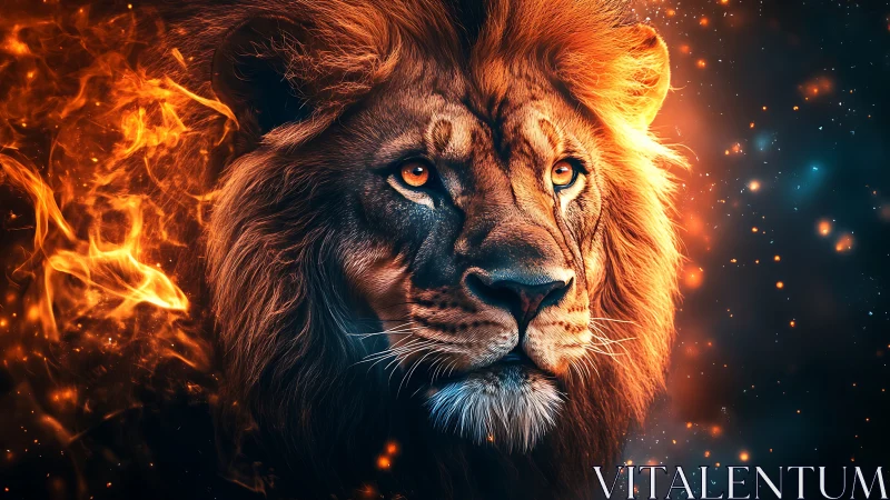 Fiery lion portrait blazes against glowing cosmic sparks.
