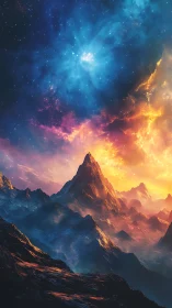 Cosmic mountain ridge under blazing nebula sky.