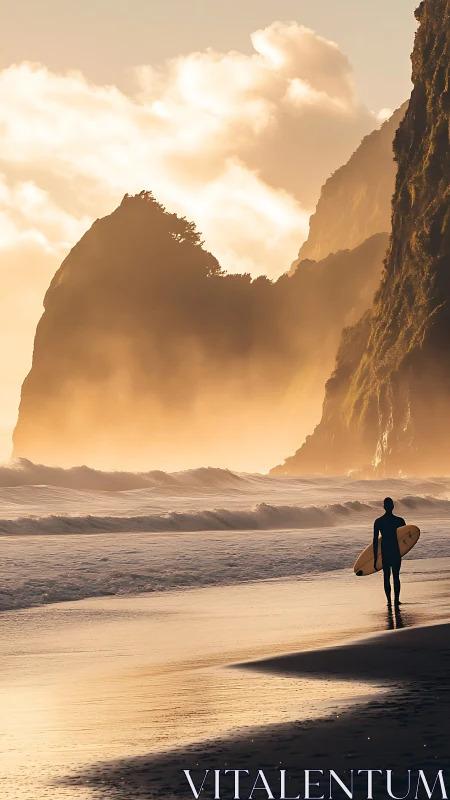 Golden hour surfer walks toward misty cliffs and waves