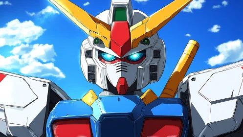 Vivid mecha portrait stands bold against a bright summer sky.
