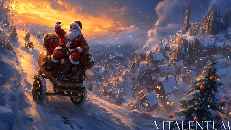 Santa racing downhill toward a glowing winter village at dusk.