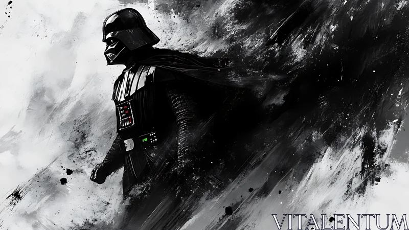 Armored dark figure dissolves into dynamic monochrome abstraction