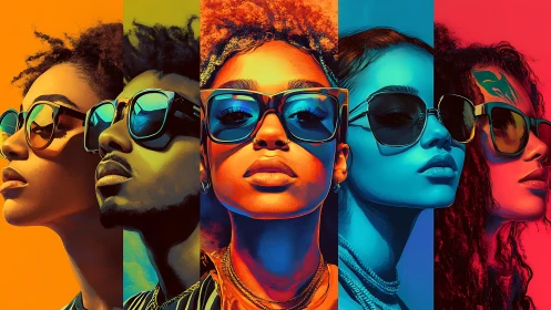 Five stylized portraits with sunglasses in vertical color bands.