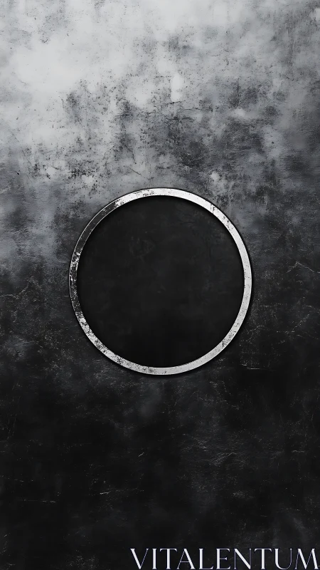 Central metallic ring anchors a monochrome grunge surface study