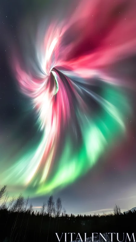 Multicolored aurora spirals dynamically above winter forest