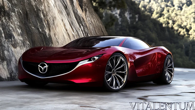Red Mazda concept coupe is parked beside a rock wall