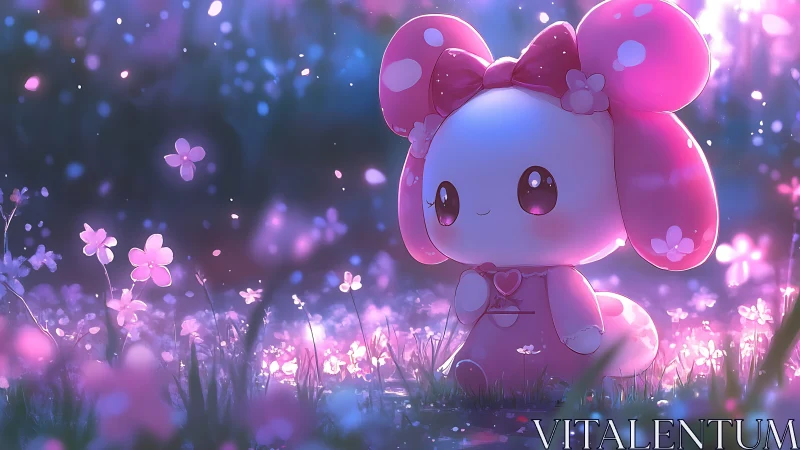 Pink cartoon rabbit figure in glowing flower meadow at dusk.