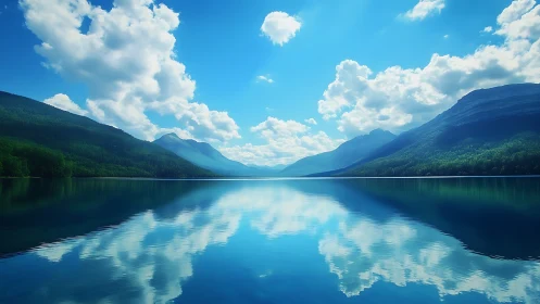 Mountain lake mirrors drifting clouds in luminous blue sky.
