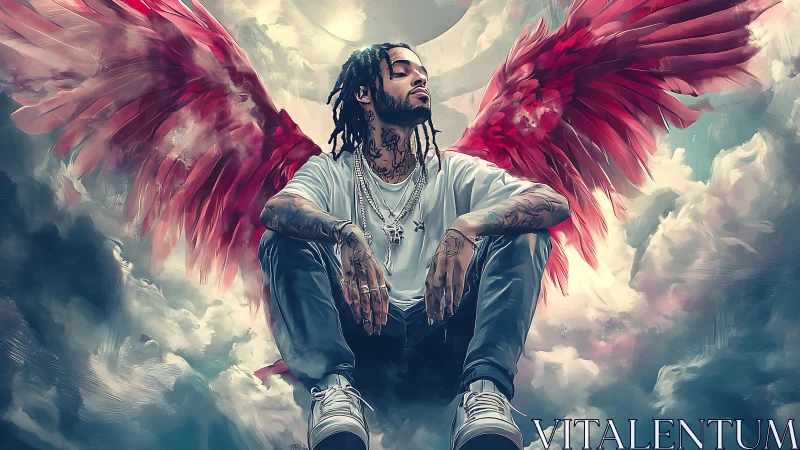 Winged male figure seated among stylized clouds in sky.