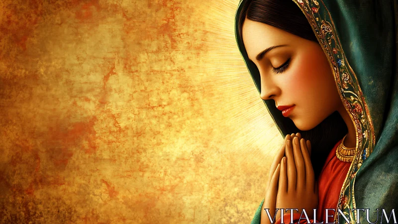 Digital iconographic portrait renders serene praying woman