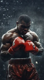 Muscular Boxer in Rain with Red Gloves.