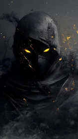 Hooded wraith with molten ember eyes emerges from shadows