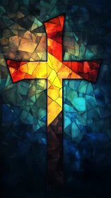 Shattered glass cross blazing through twilight blues.