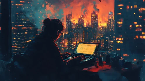 Solitary cybernetic operator during urban conflagration runtime.