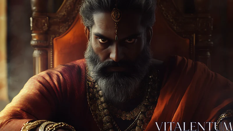 Bearded king sits staring forward in dim dramatic light