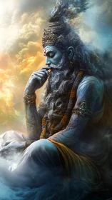 Divine blue sage in celestial meditation above clouds.