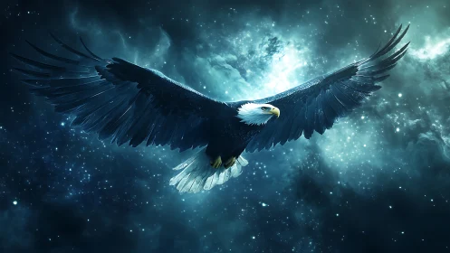 Majestic Bald Eagle Soaring in a Cosmic Night Sky, Digital Art.