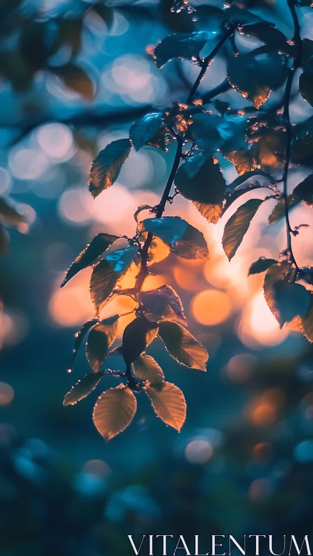 Dusk-lit droplets crown quiet leaves in glowing bokeh haze