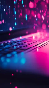 Neon laptop keyboard with holographic light particle cascade.