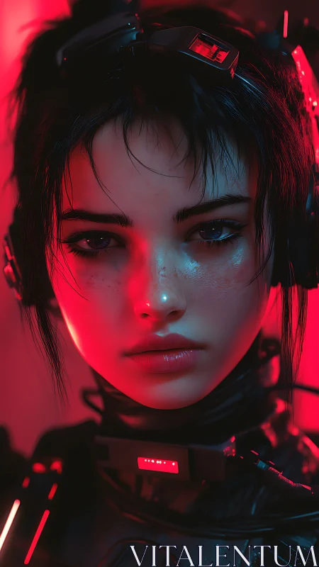 Cyberpunk woman in red neon headset portrait closeup.