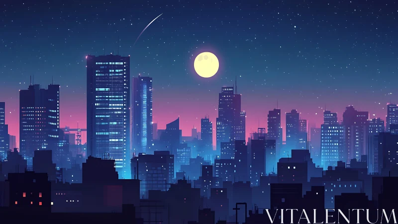 Neon dusk skyline with lunar focal point in digital painting.