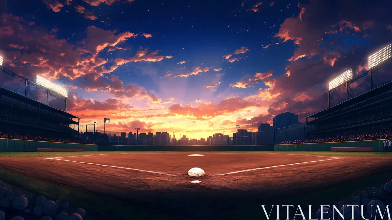 Empty baseball stadium diamond under vivid sunset sky.