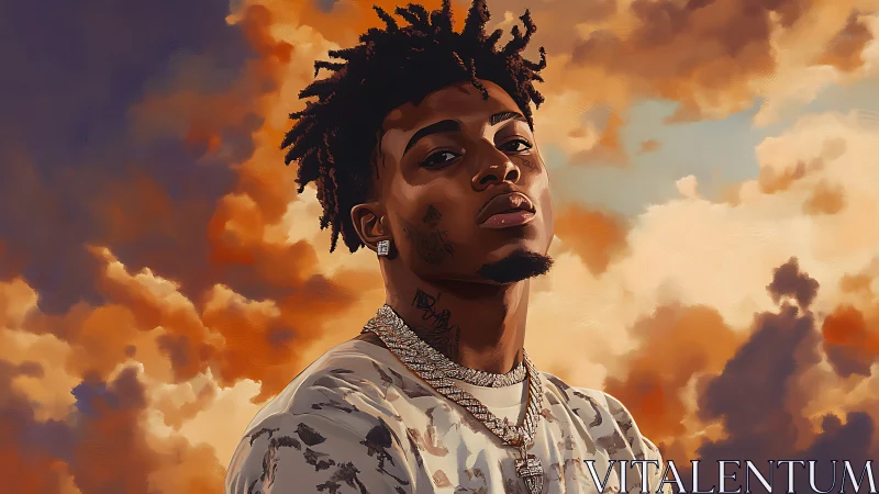 Digital portrait of a man posed against orange clouded sky