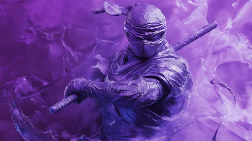 Monochromatic purple ninja rendered with high-gloss fluid dynamics