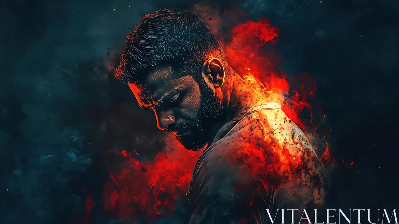 Brooding portrait framed by fiery light and deep shadows.