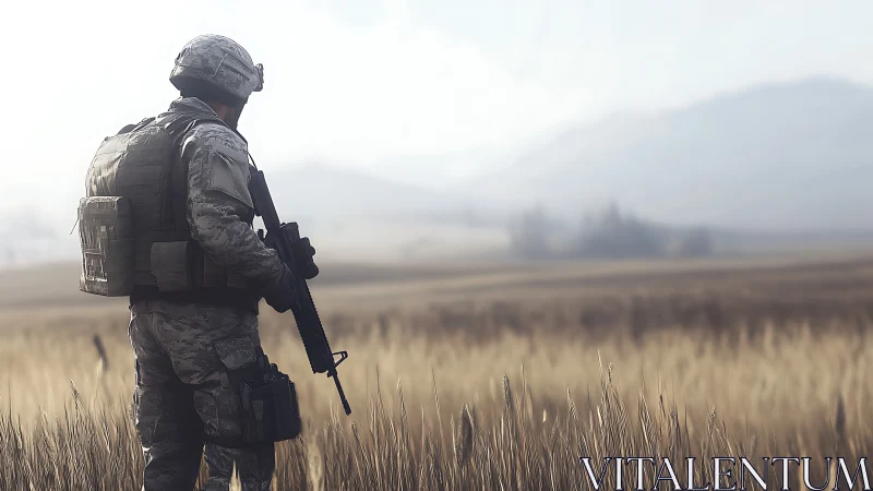 Soldier surveys golden field under soft morning haze.