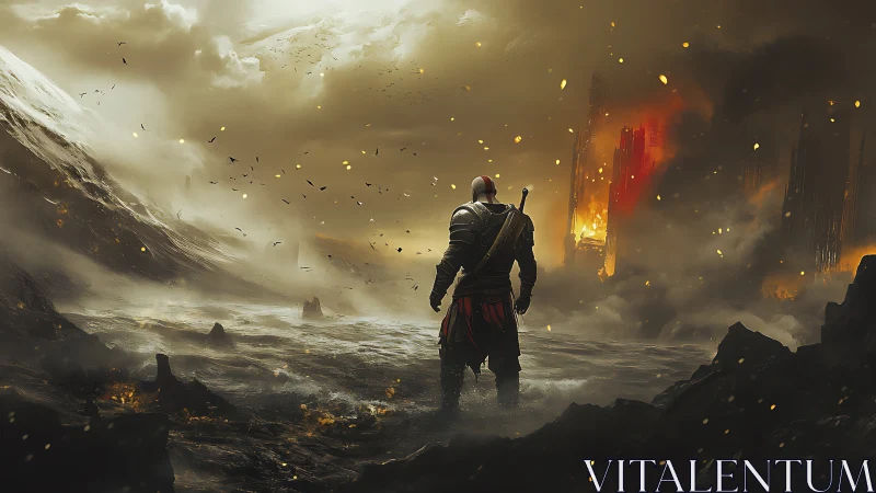 Armored warrior surveys volcanic wasteland before burning citadel