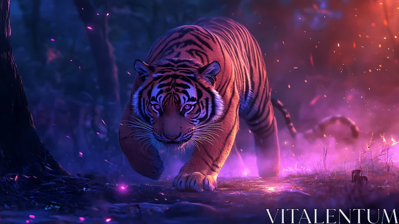 Bioluminescent-lit tiger advances through fog with cinematic rim light