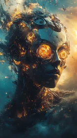 Molten cybernetic android portrait with radiant core optics