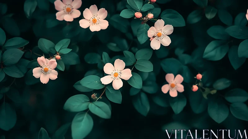 Pale Pink Flowers Bloom Among Deep Teal Foliage.